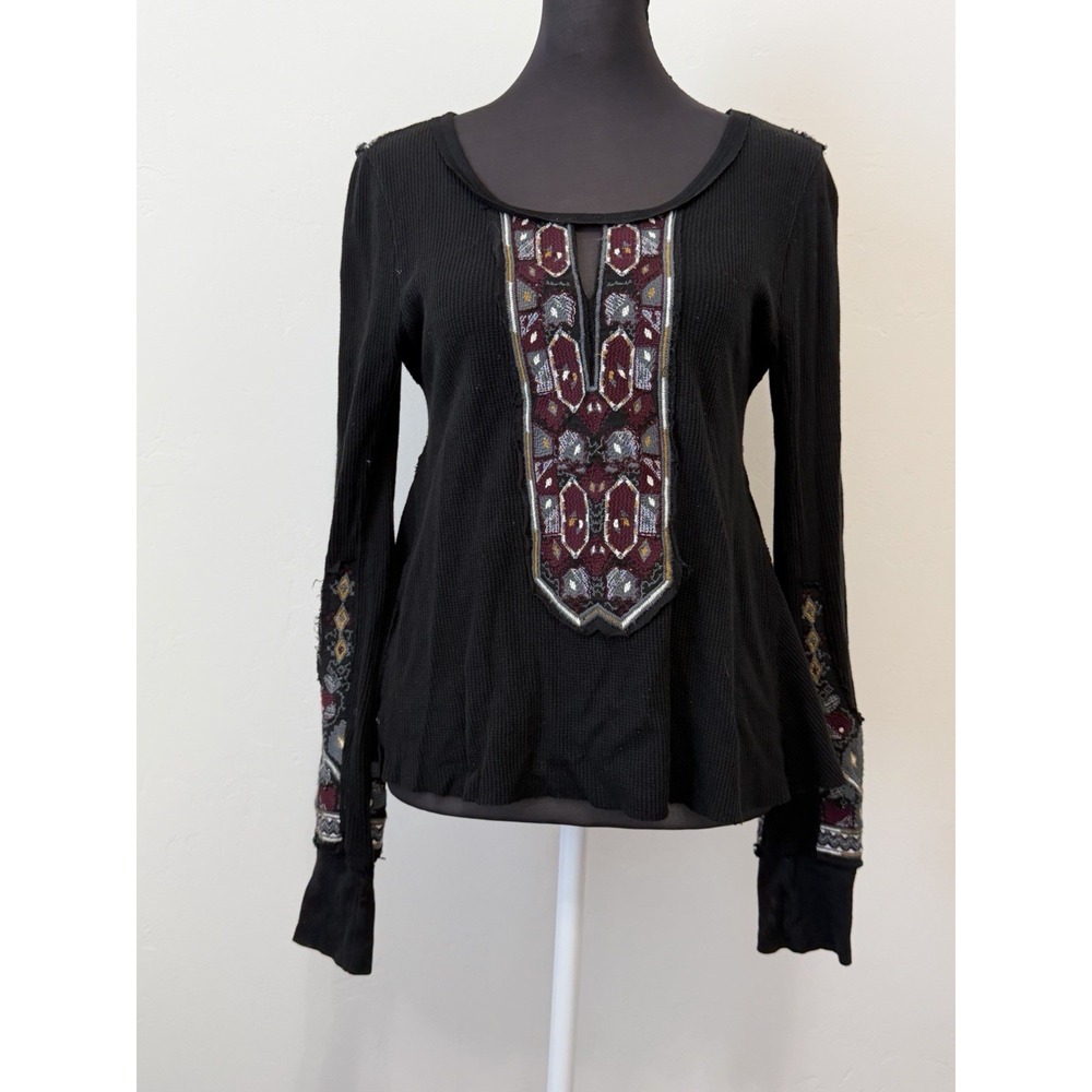 Free People X Marion Thermal Top Womens XS Black Embroidered Keyhole Boho